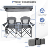 Double Folding Camping Chair with Canopy and Armrests-Grey