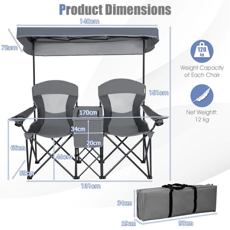 Double Folding Camping Chair with Canopy and Armrests-Grey