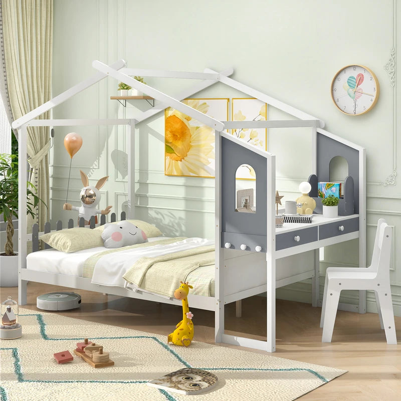 Single/Double House Bed Wood Montessori Bed Frame with Desk-Double Size
