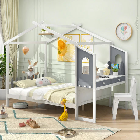 Single/Double House Bed Wood Montessori Bed Frame with Desk-Double Size