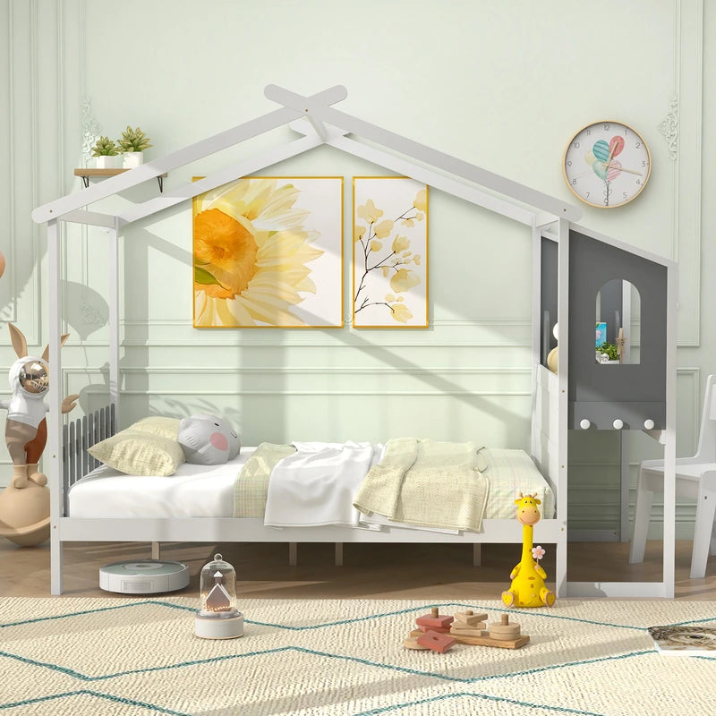 Single/Double House Bed Wood Montessori Bed Frame with Desk-Double Size