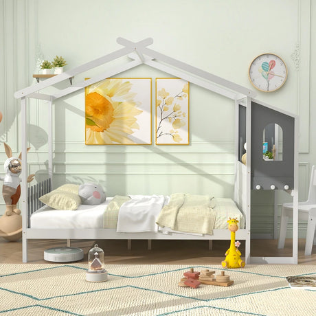 Single/Double House Bed Wood Montessori Bed Frame with Desk-Double Size