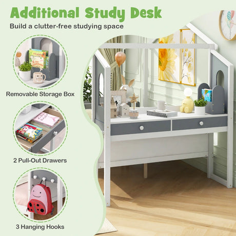 Single/Double House Bed Wood Montessori Bed Frame with Desk-Double Size