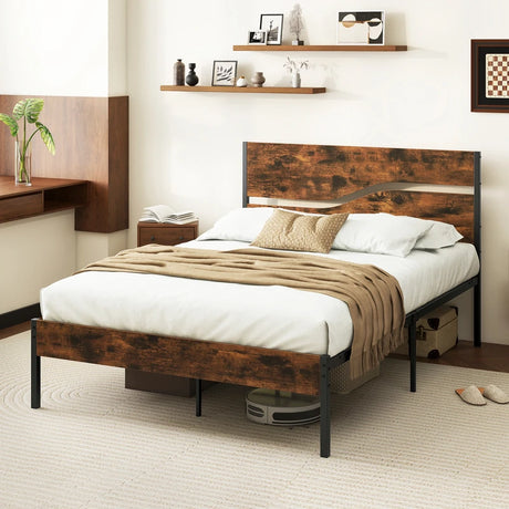 Twin/Full/Queen/King Metal Bed Frame with Wooden Headboard and Footboard-Full Size