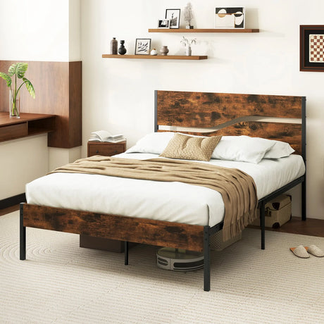 Twin/Full/Queen/King Metal Bed Frame with Wooden Headboard and Footboard-Full Size