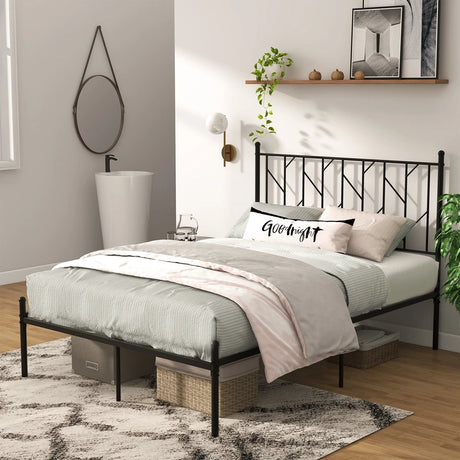 Single/Double Metal Platform Bed Frame with Headboard Black-Double Size
