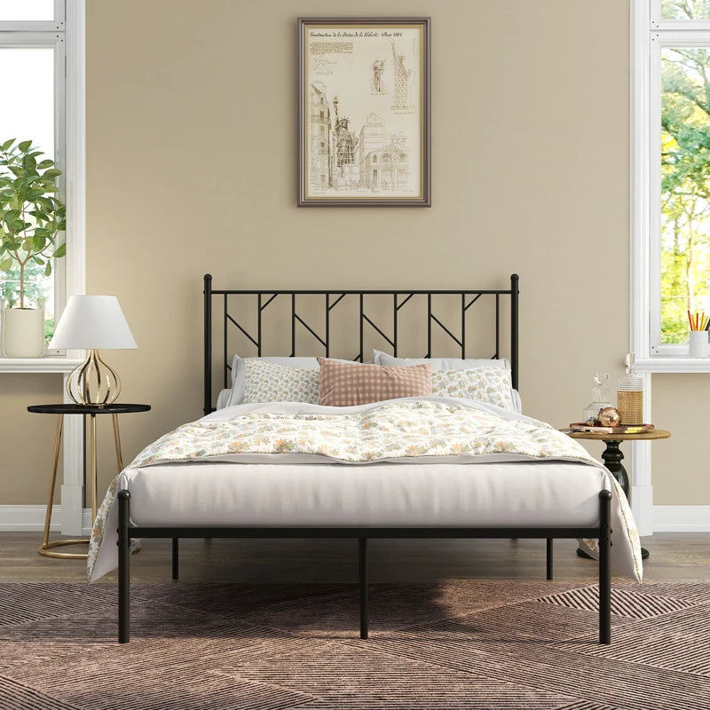 Single/Double Metal Platform Bed Frame with Headboard Black-Double Size