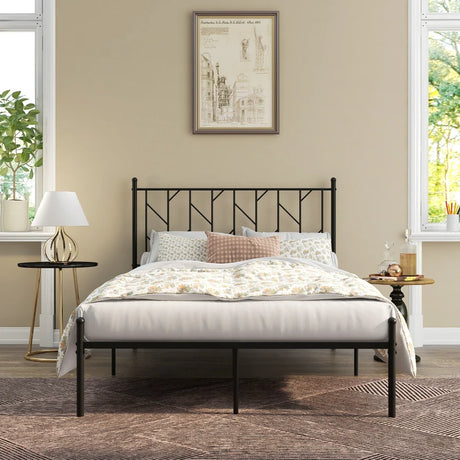 Single/Double Metal Platform Bed Frame with Headboard Black-Double Size