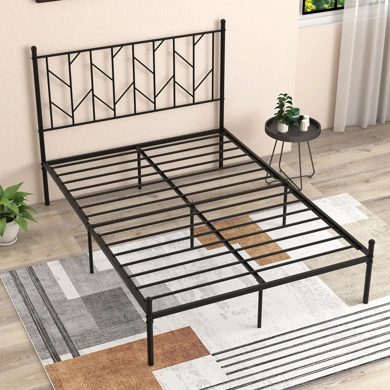 Single/Double Metal Platform Bed Frame with Headboard Black-Double Size