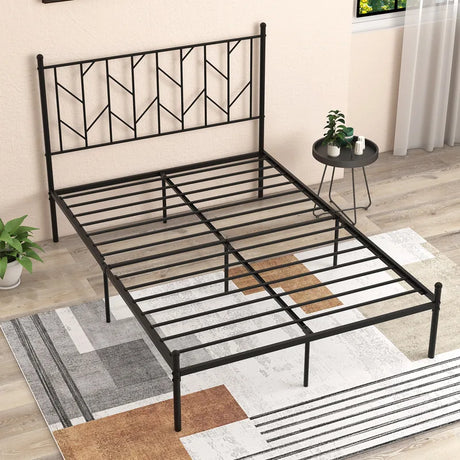 Single/Double Metal Platform Bed Frame with Headboard Black-Double Size