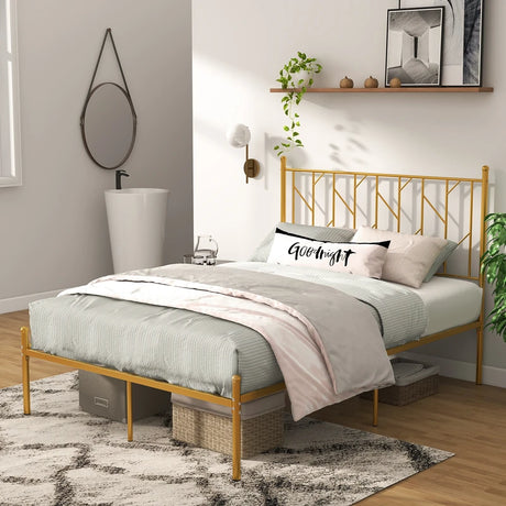 Single/Double Metal Platform Bed Frame with Headboard Black Golden-Double Size