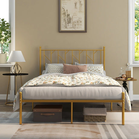 Single/Double Metal Platform Bed Frame with Headboard Black Golden-Double Size