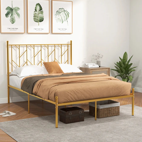 Single/Double Metal Platform Bed Frame with Headboard Black Golden-Double Size