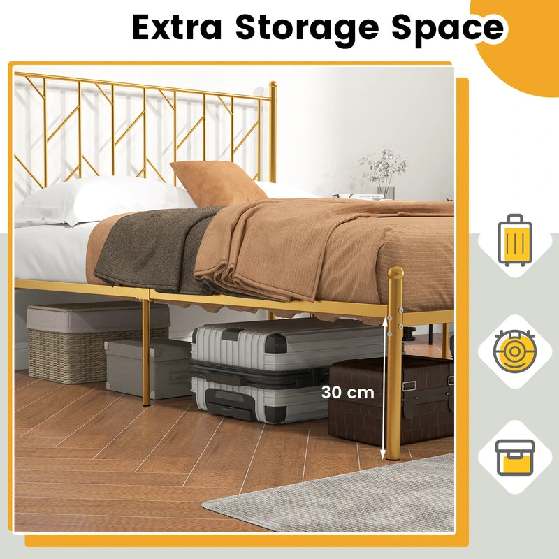 Single/Double Metal Platform Bed Frame with Headboard Black Golden-Double Size