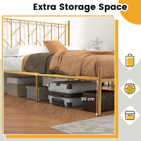 Single/Double Metal Platform Bed Frame with Headboard Black Golden-Double Size