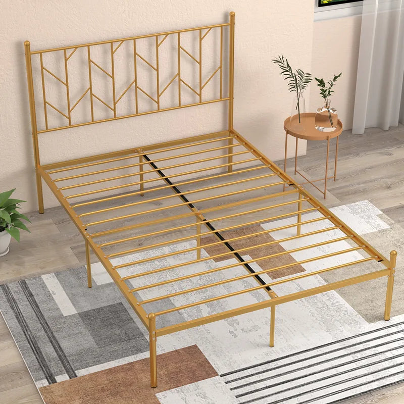 Single/Double Metal Platform Bed Frame with Headboard Black Golden-Double Size