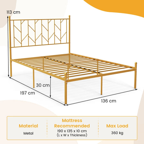 Single/Double Metal Platform Bed Frame with Headboard Black Golden-Double Size