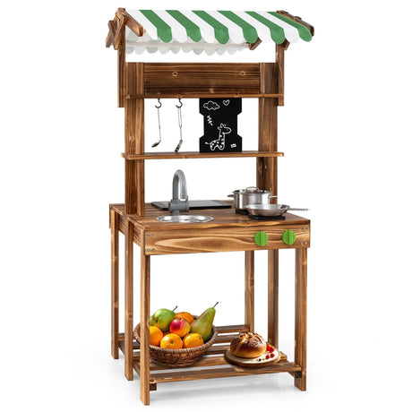 Double-Sided Mud Kitchen Wooden Barbecue Grill Playset with Canopy-Natural