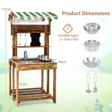 Double-Sided Mud Kitchen Wooden Barbecue Grill Playset with Canopy-Natural