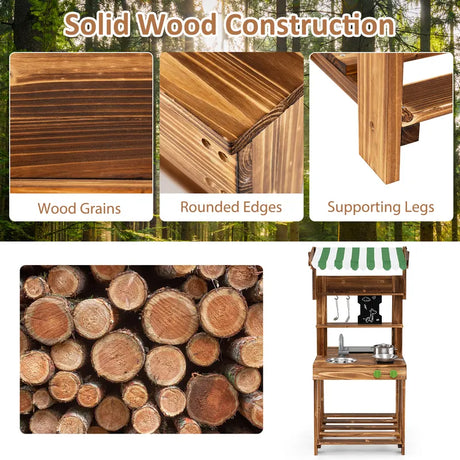 Double-Sided Mud Kitchen Wooden Barbecue Grill Playset with Canopy-Natural