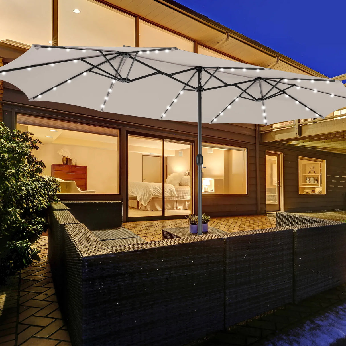 15 Feet Twin Patio Umbrella with 48 Solar LED Lights-Beige