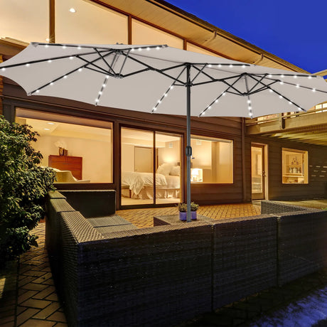 15 Feet Twin Patio Umbrella with 48 Solar LED Lights-Beige