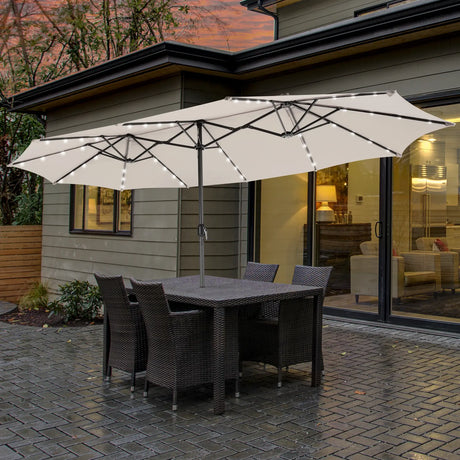 15 Feet Twin Patio Umbrella with 48 Solar LED Lights-Beige