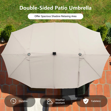 15 Feet Twin Patio Umbrella with 48 Solar LED Lights-Beige