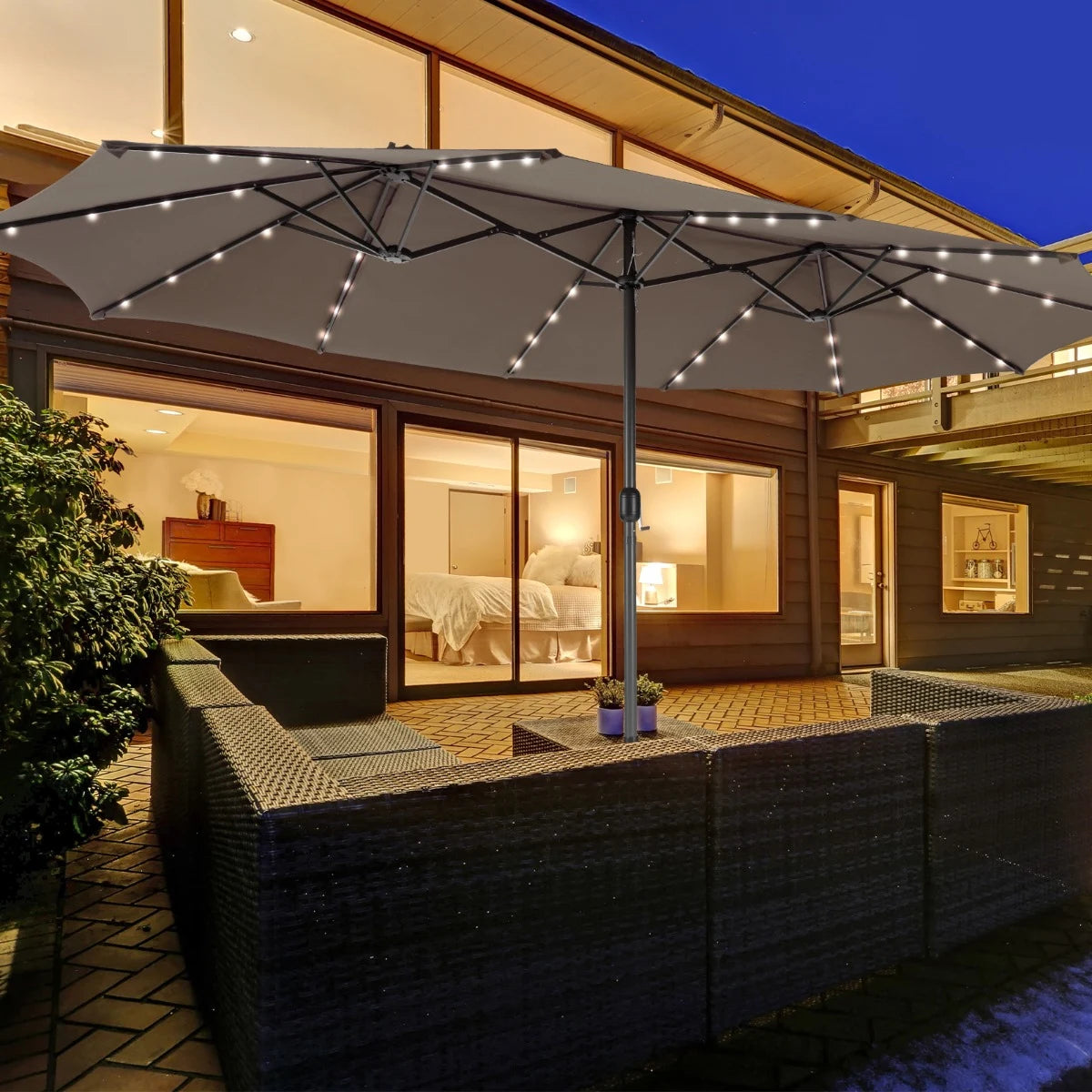 15 Feet Twin Patio Umbrella with 48 Solar LED Lights-Light Brown