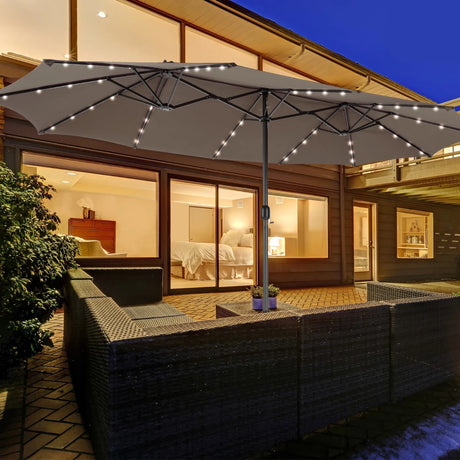 15 Feet Twin Patio Umbrella with 48 Solar LED Lights-Light Brown