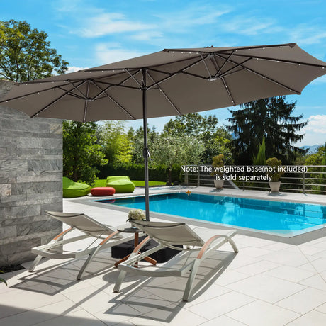 15 Feet Twin Patio Umbrella with 48 Solar LED Lights-Light Brown