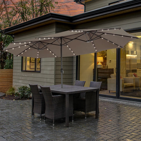 15 Feet Twin Patio Umbrella with 48 Solar LED Lights-Light Brown