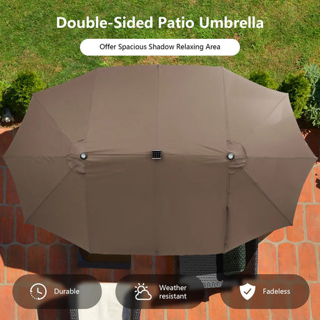 15 Feet Twin Patio Umbrella with 48 Solar LED Lights-Light Brown