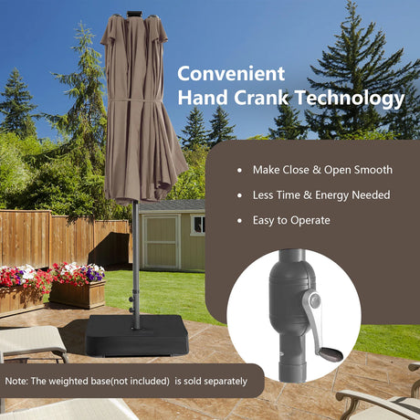 15 Feet Twin Patio Umbrella with 48 Solar LED Lights-Light Brown