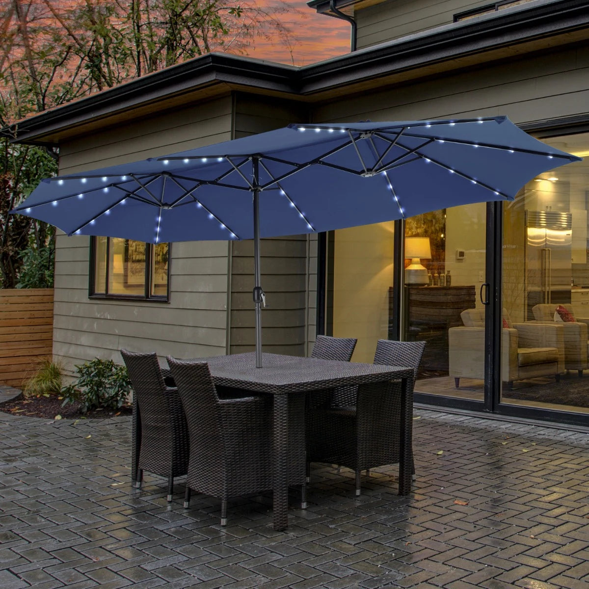 15 Feet Twin Patio Umbrella with 48 Solar LED Lights-Navy