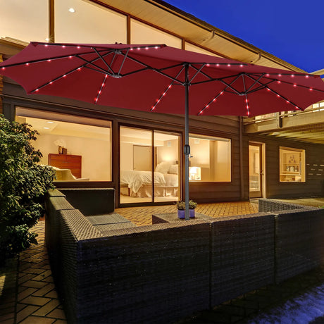15 Feet Twin Patio Umbrella with 48 Solar LED Lights-Dark Red