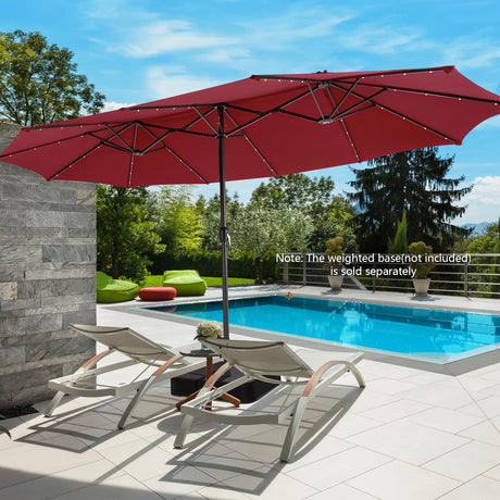 15 Feet Twin Patio Umbrella with 48 Solar LED Lights-Dark Red