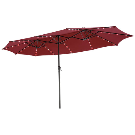 15 Feet Twin Patio Umbrella with 48 Solar LED Lights-Dark Red