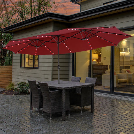 15 Feet Twin Patio Umbrella with 48 Solar LED Lights-Dark Red