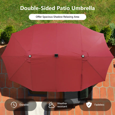 15 Feet Twin Patio Umbrella with 48 Solar LED Lights-Dark Red