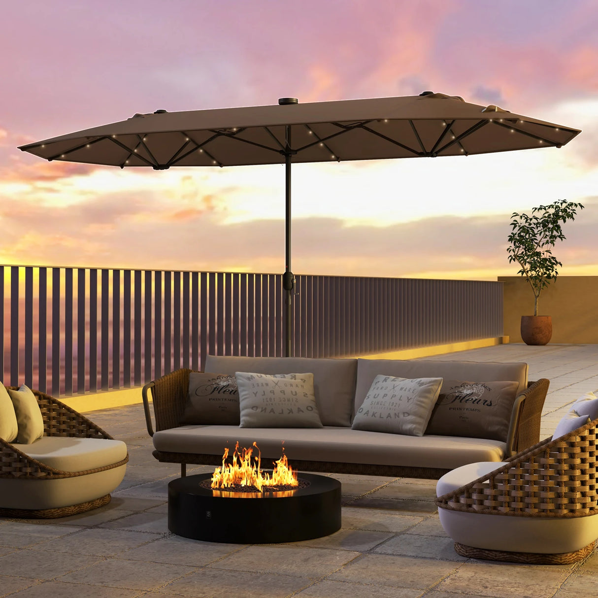 13FT Double-sided Patio Umbrella with Solar Lights for Garden Pool Backyard-Coffee