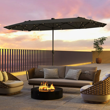 13FT Double-sided Patio Umbrella with Solar Lights for Garden Pool Backyard-Gray