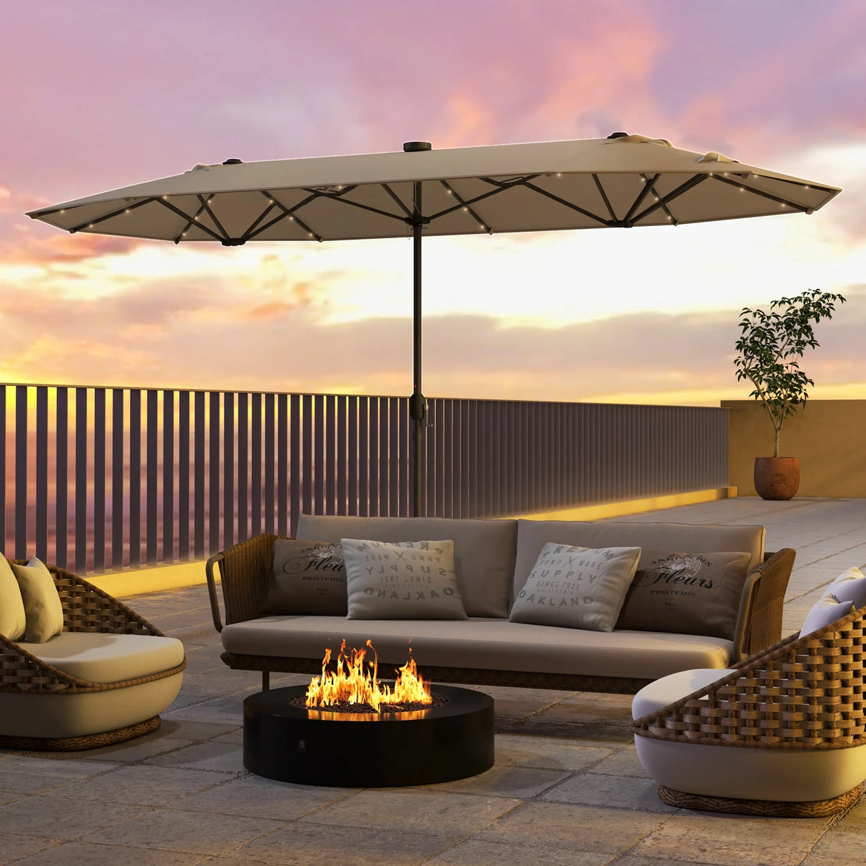 13FT Double-sided Patio Umbrella with Solar Lights for Garden Pool Backyard-Beige