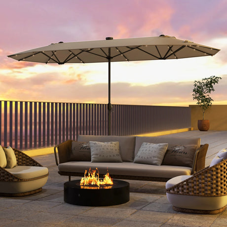 13FT Double-sided Patio Umbrella with Solar Lights for Garden Pool Backyard-Beige