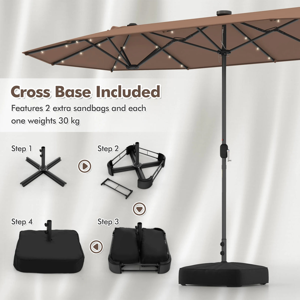 13FT Double-sided Patio Umbrella with Solar Lights for Garden Pool Backyard-Coffee