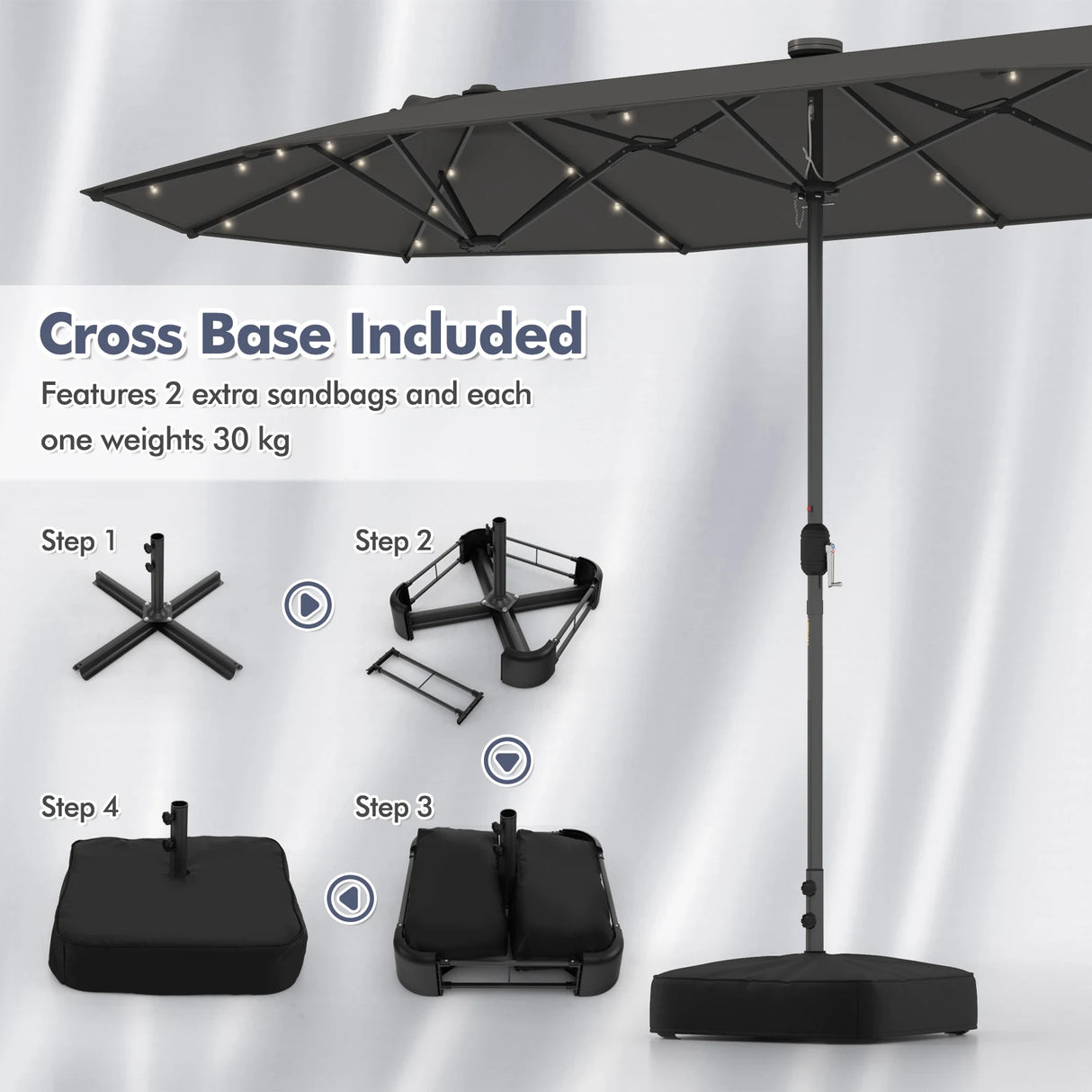 13FT Double-sided Patio Umbrella with Solar Lights for Garden Pool Backyard-Gray