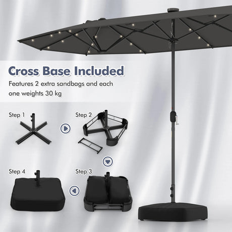 13FT Double-sided Patio Umbrella with Solar Lights for Garden Pool Backyard-Gray