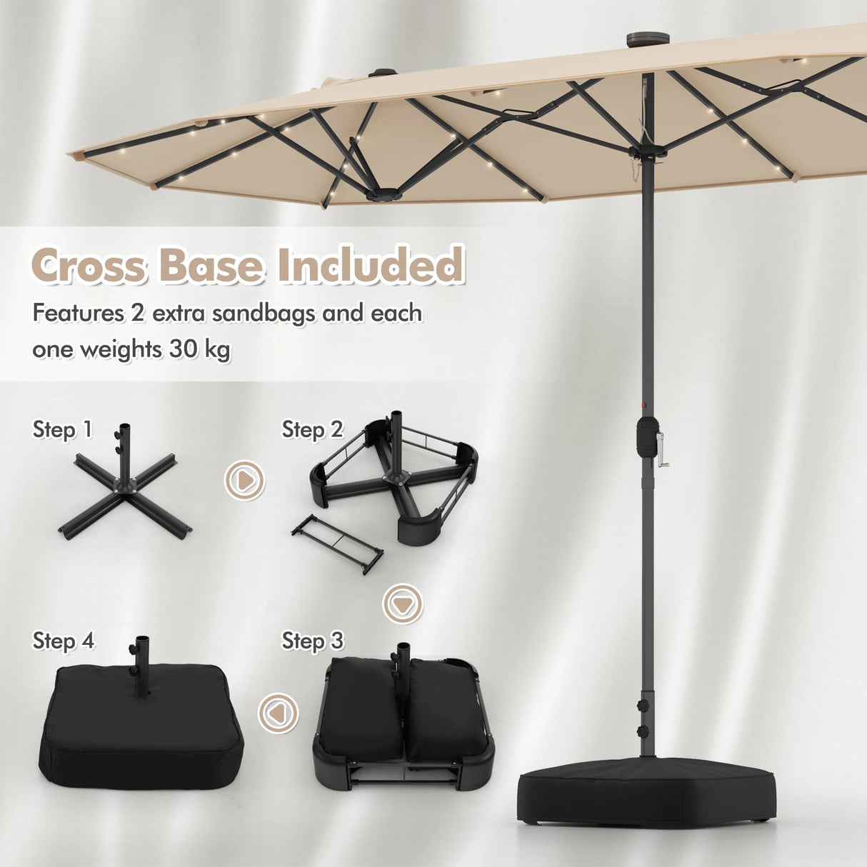 13FT Double-sided Patio Umbrella with Solar Lights for Garden Pool Backyard-Beige