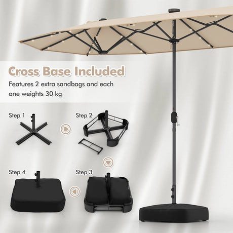 13FT Double-sided Patio Umbrella with Solar Lights for Garden Pool Backyard-Beige