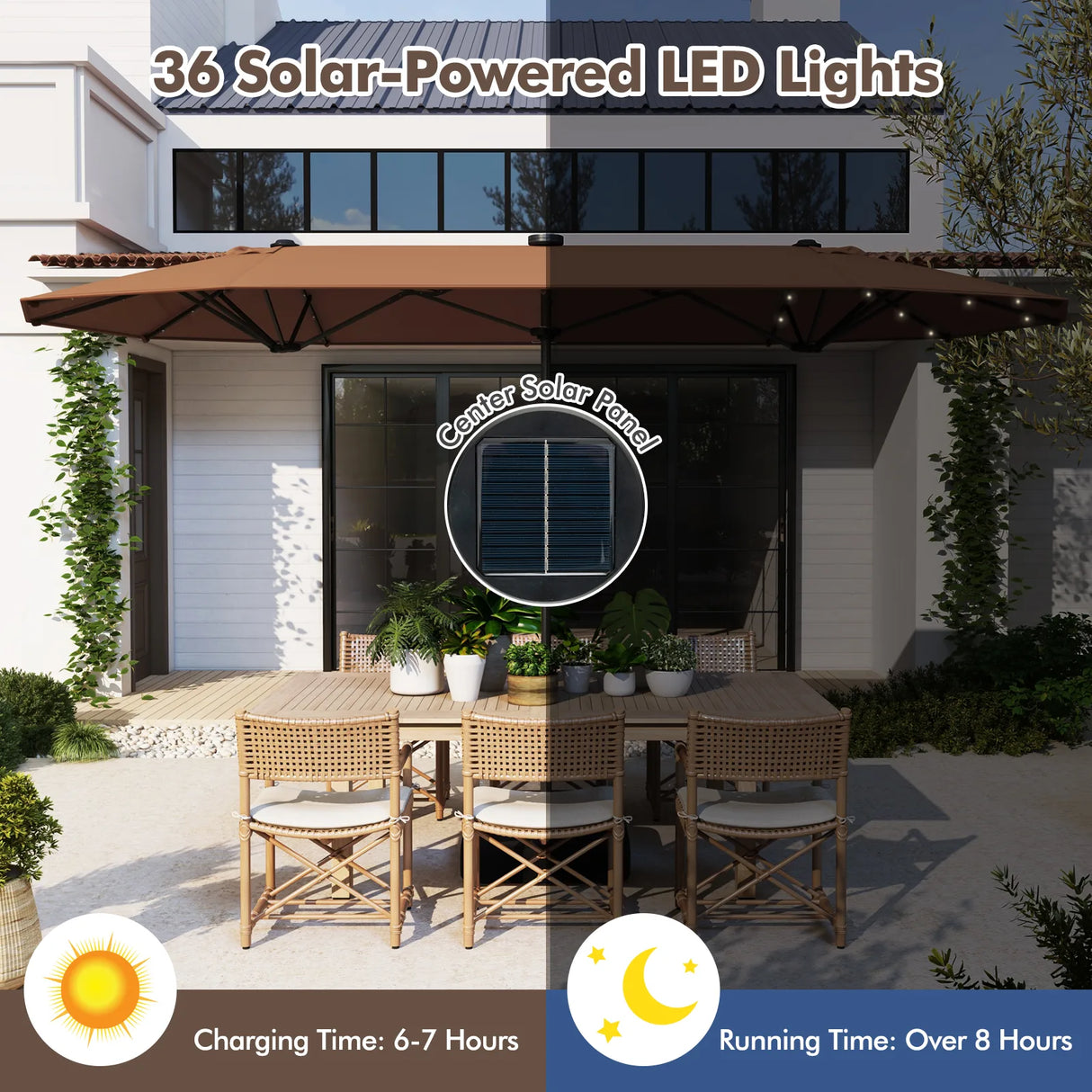 13FT Double-sided Patio Umbrella with Solar Lights for Garden Pool Backyard-Coffee